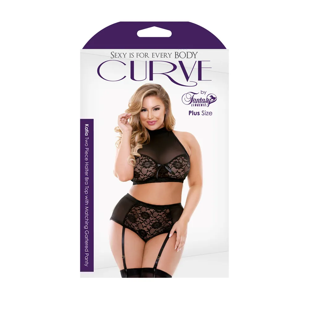 Curve Katia Halter Bra w/Gartered Panties Black 1X/2X