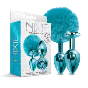 NIXIE Metal Butt Plug Set Pom Pom and Jewel-Inlaid Metallic Blue